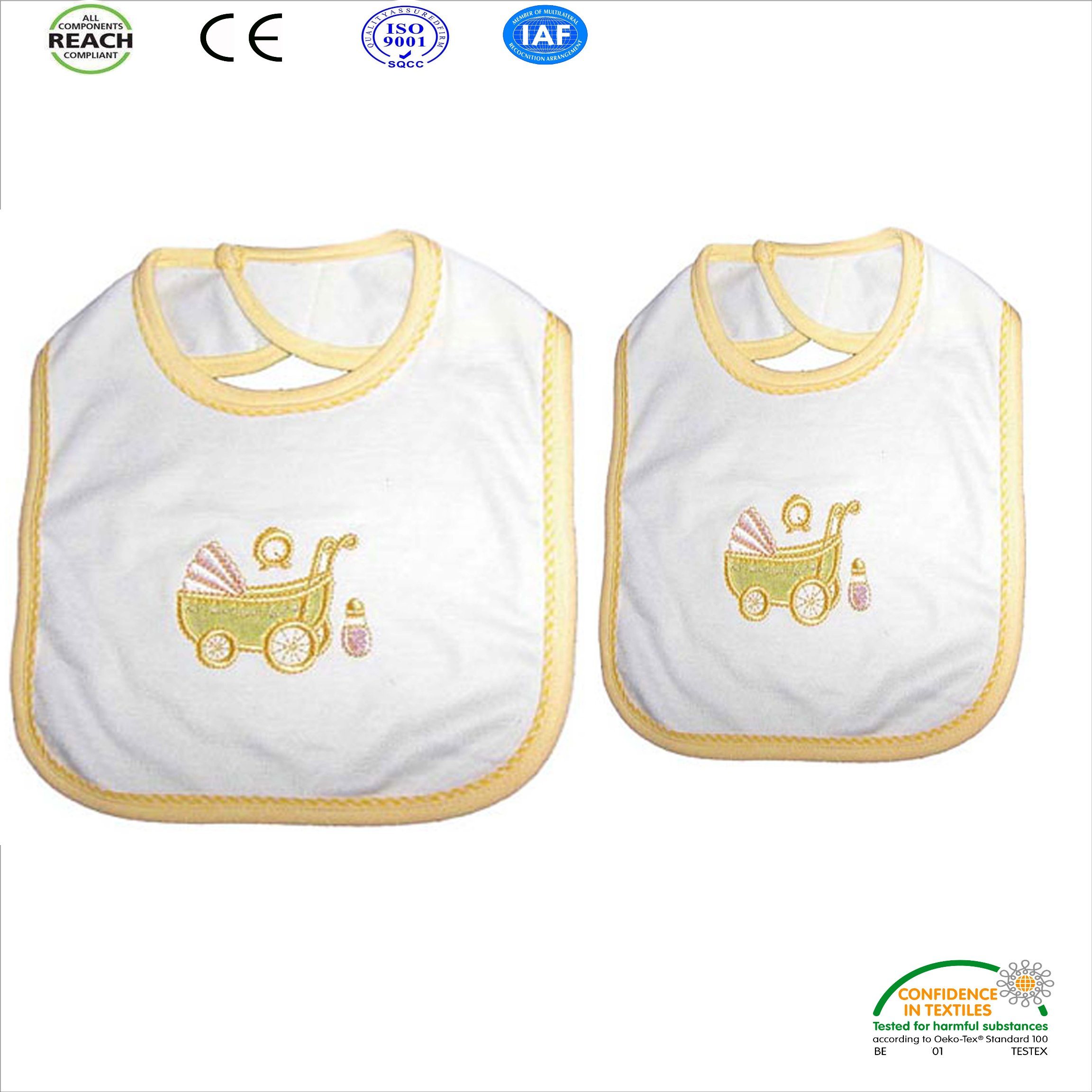 White Color Original 100% Cotton Baby Bib with Customize Embroidery Logo