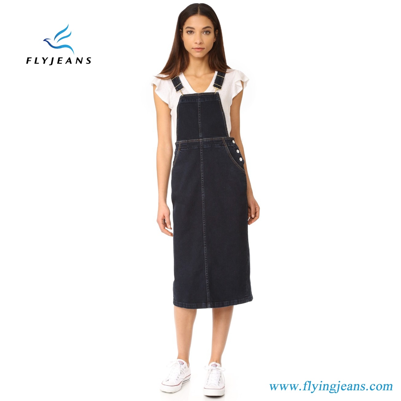 Classic Women Denim Overall-Style Dress with Dark Wash Back Vent Button Closures at The Sides