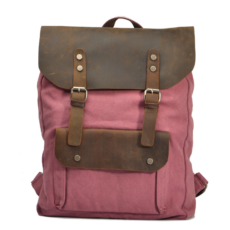 Full Grain Leather Handbag Double Straps Shoulder Laptop Canvas Backpack Bag (RS-2166)