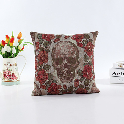 Decorative Faux Linen Transfer Print Cushion Fashion Skull Pillow (LPL-639)