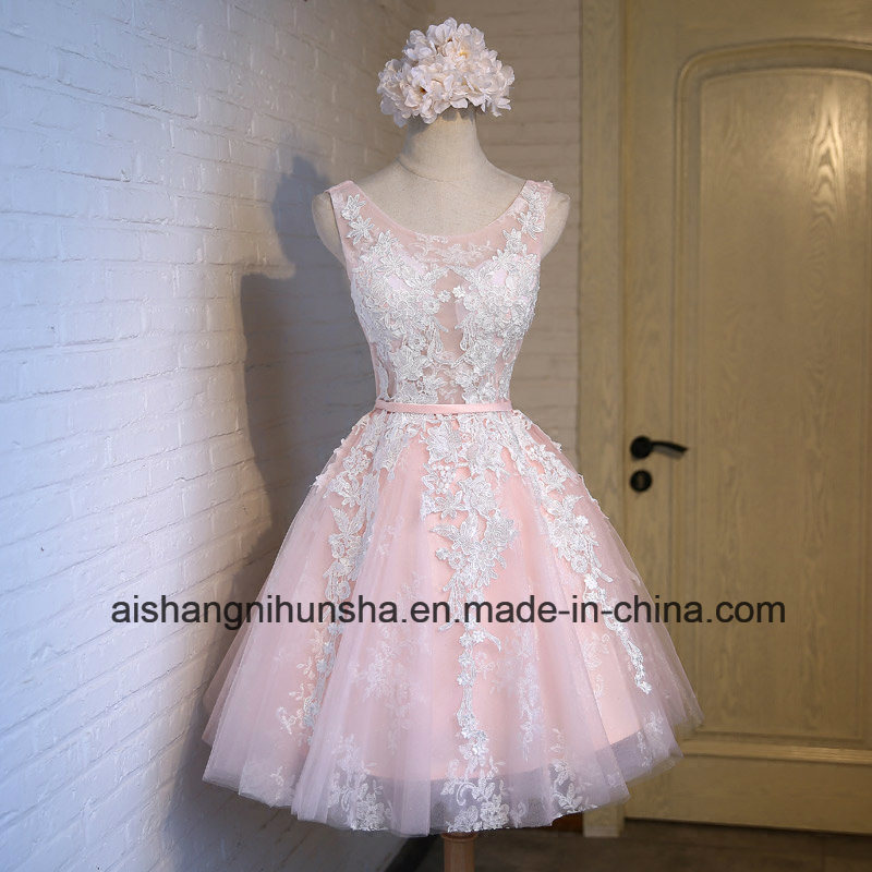 Fashion Short Pink Lace Flower Banquet Short Evening Dress