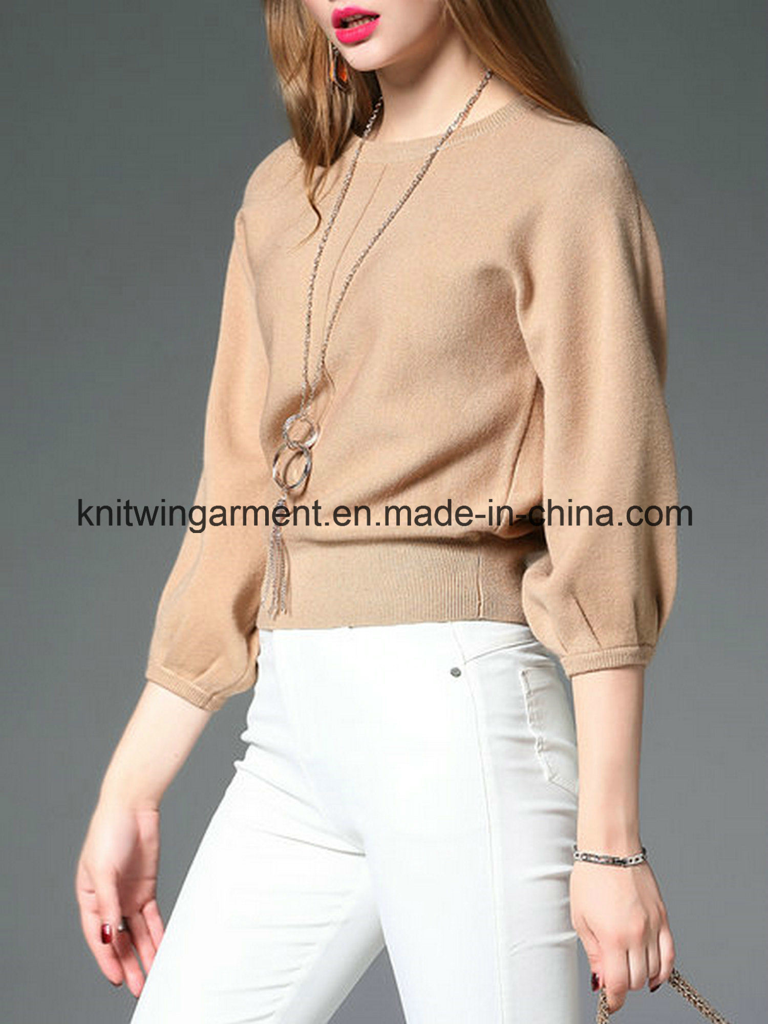 Knitted 3/4 Sleeve Casual Crew Neck Sweater (w18-610)