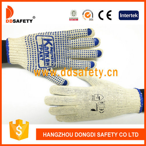 Ddsafety 2017 Bleach Cotton with Knitted Blue PVC Dots Gloves