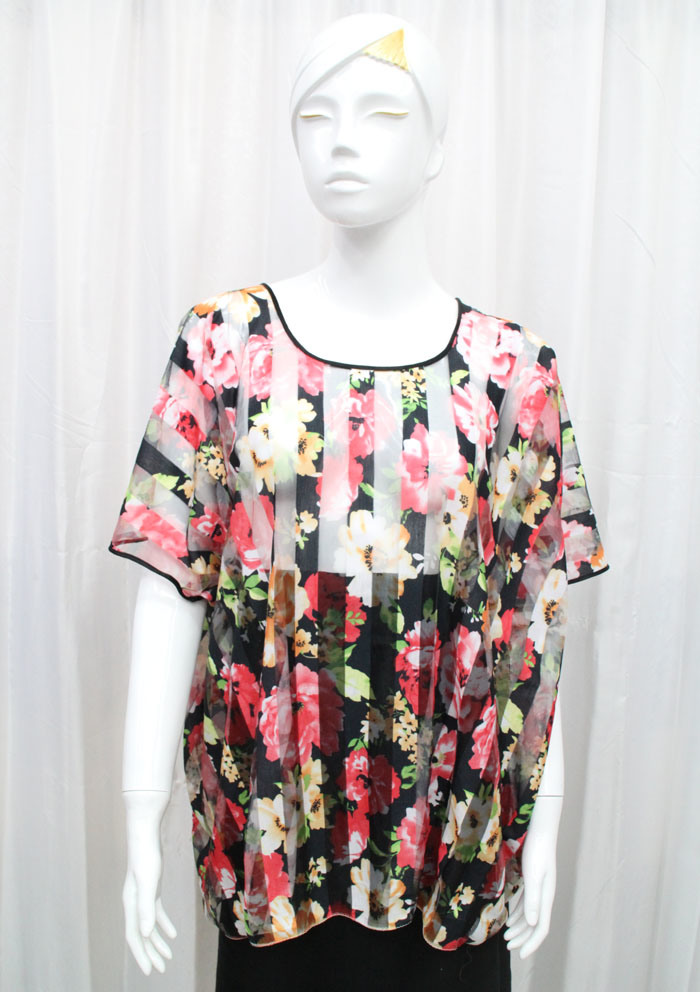 Lady Fashion Flower Printed Polyester Knitted Spring Hollow Shirt (YKY2208)
