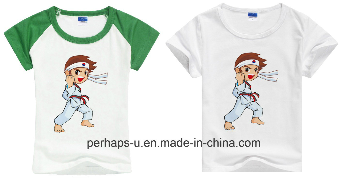 Kids Crew Neck T-Shirt with Taekwondo Cartoon Printing