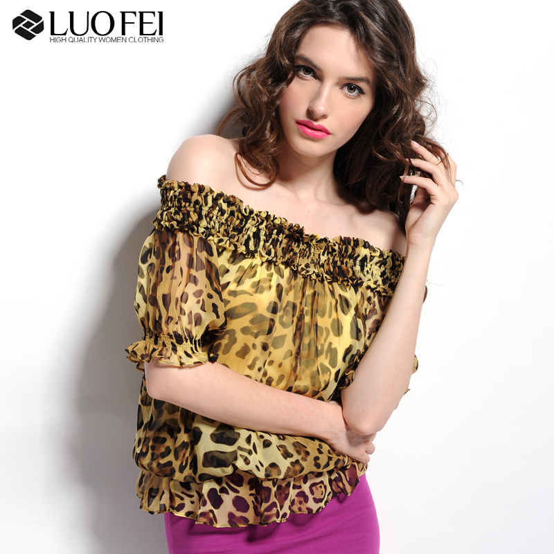 Women Leopard Chiffon off Shoulder Blouse with Ruffles