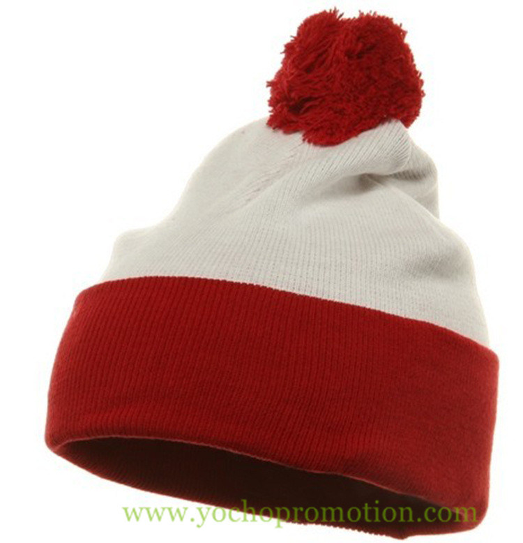 100% Acrylic Cuff Beanie Knitted Hat with Top Ball