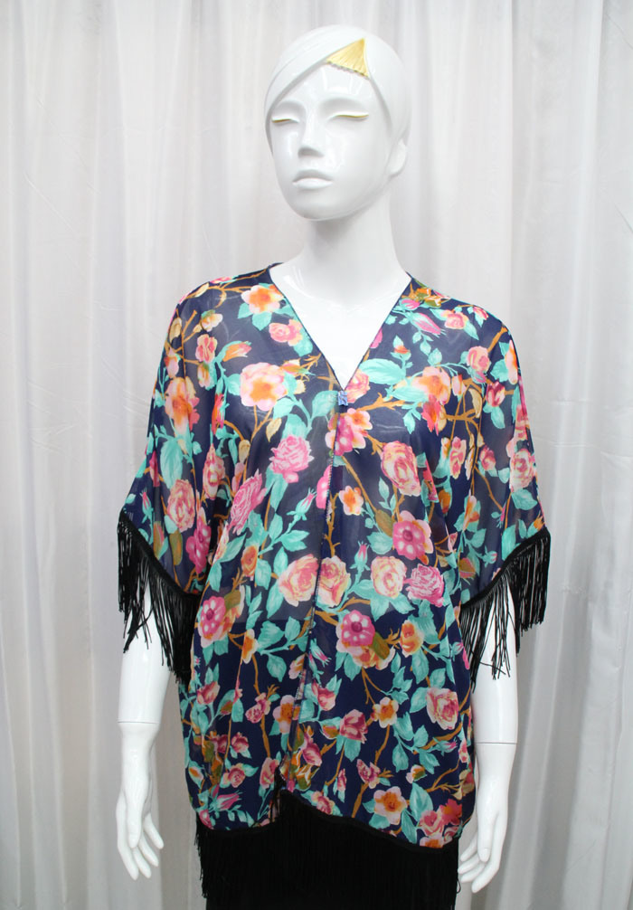 Lady Fashion Flower Printed Polyester Chiffon Fringed Silk T-Shirt (YKY2222)