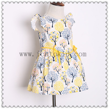 Polk DOT Tree Floral Pattern Girls Cotton Dress for Spring and Summer