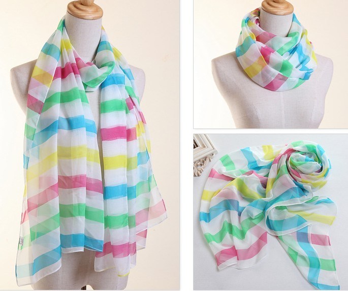 Lady Fashion Polyester Chiffon Silk Scarf with Stripes Printing (YKY1004)