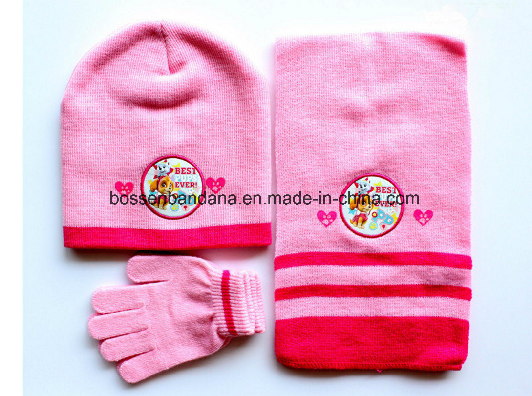 China Factory Produce Custom Embroidered Pink Acrylic Knitted Winter Snowboard Beanie Scarf Gloves Set