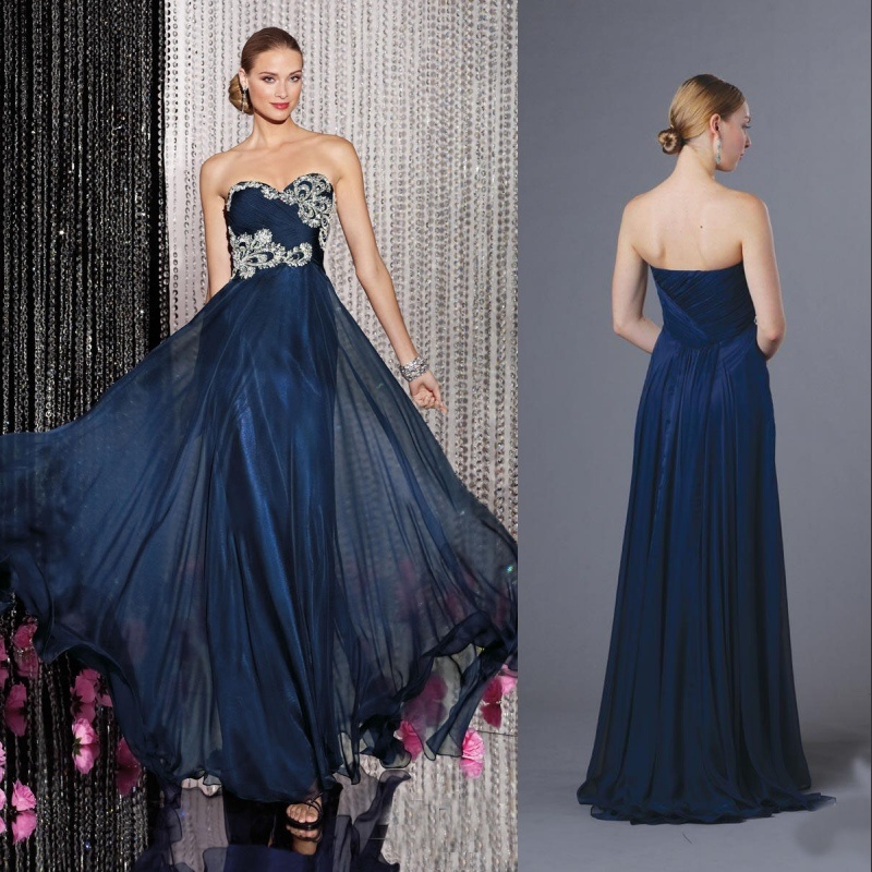 Ruched Bodice Sweetheart Crystal Beaded Navy Blue Chiffon Evening Dress
