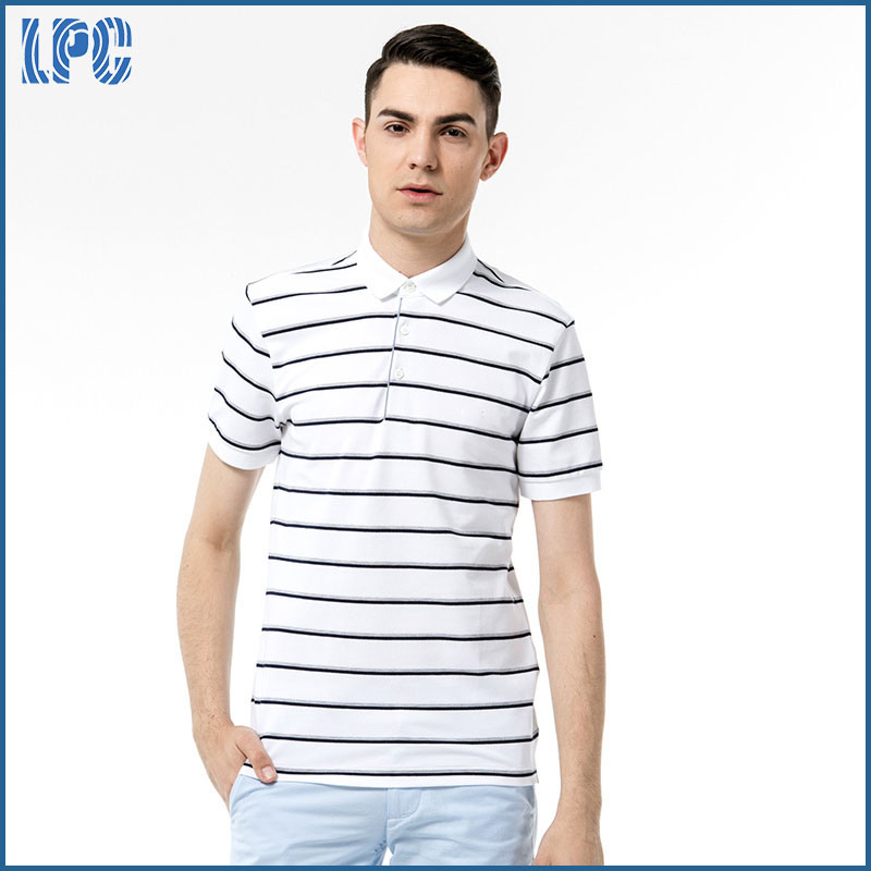 Classic Black and White Striped Short-Sleeve Absorbent Men Polo Shirt