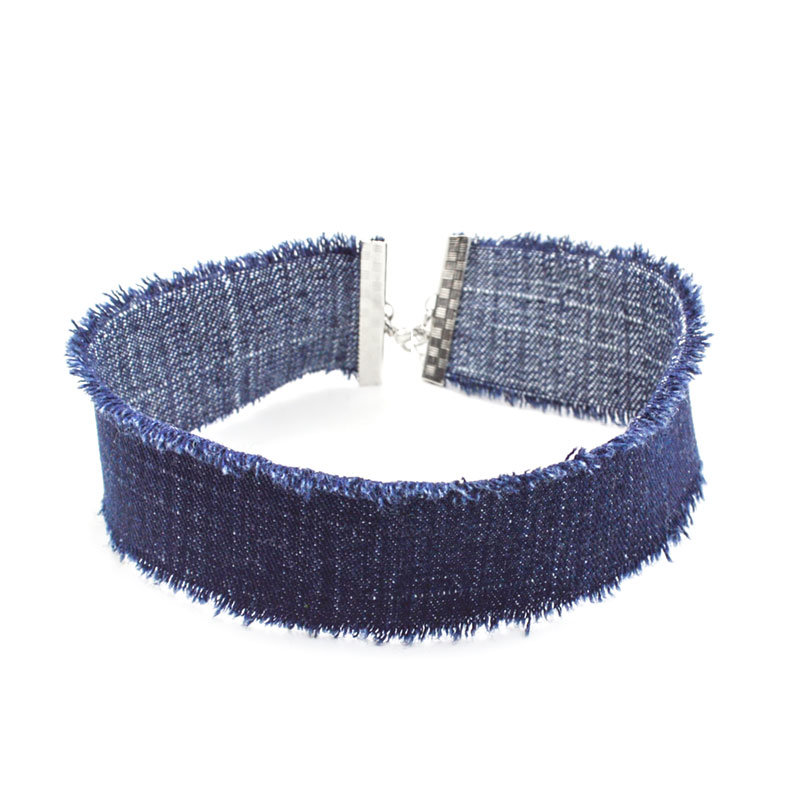 Gothic Style Navy Blue Handmade Wide Denim Jean Choker Necklaces for Women