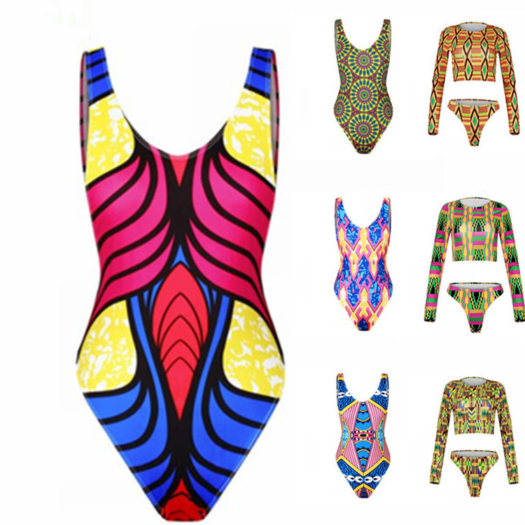 Fashion Sexy Lady African Print High Cut Thong Bikini Swimwear