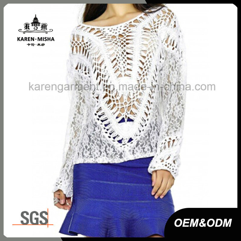 Fashion Wide Neckline Hollow Lace Crochet Sweater