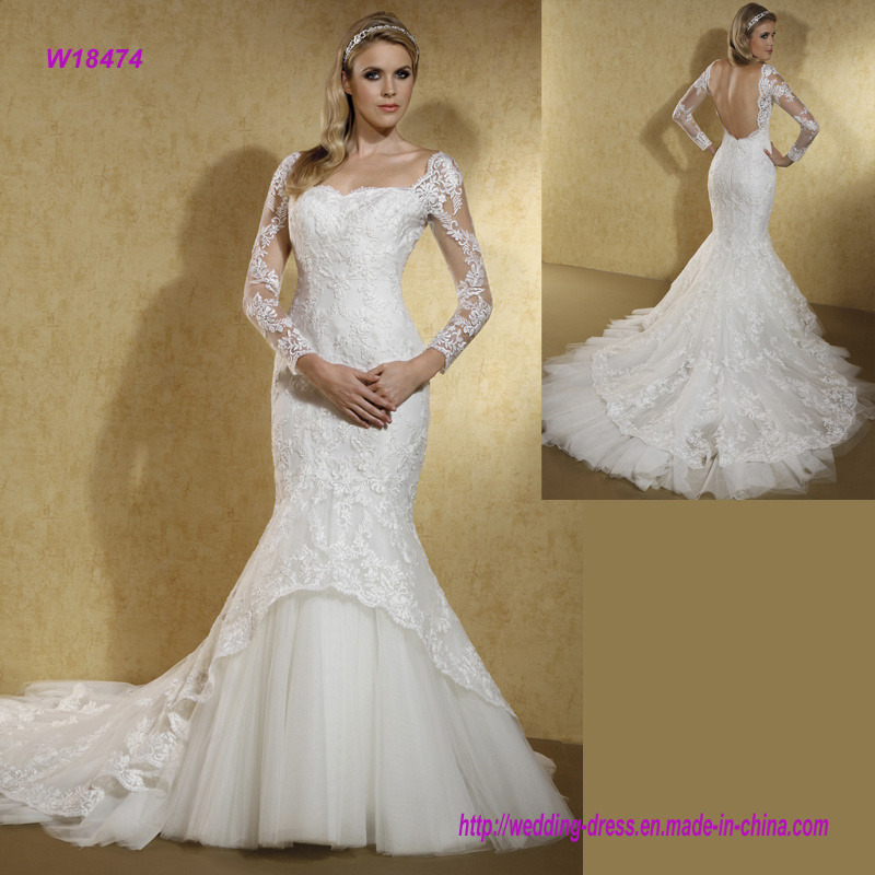 Fantacy Backless Long Sleeves Lace Mermaid Wedding Dress with Layers Skirt and Chapel Train