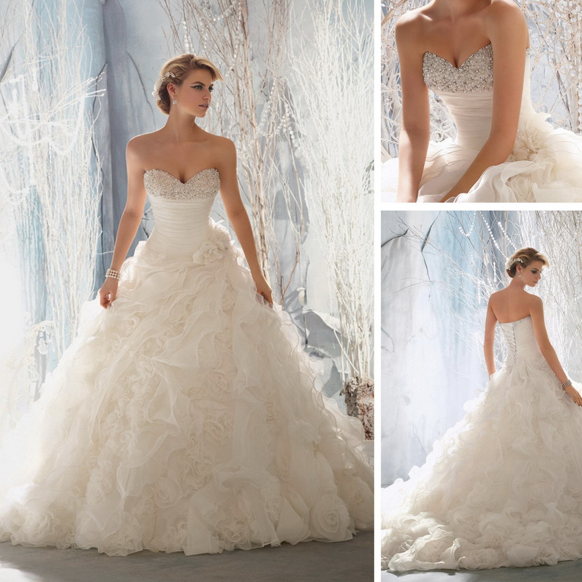 Elegant Strapless Organze Bridal Gown Wedding Dress