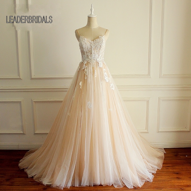2018 New Blush Wedding Dress Spaghetti Straps Lace Tulle Bridal Ball Gown Lb1539