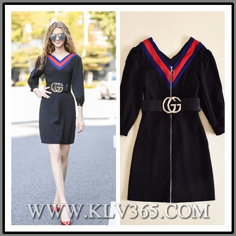 Women Clothing Fashion Autumn Black V-Neck Zipper Party Dress