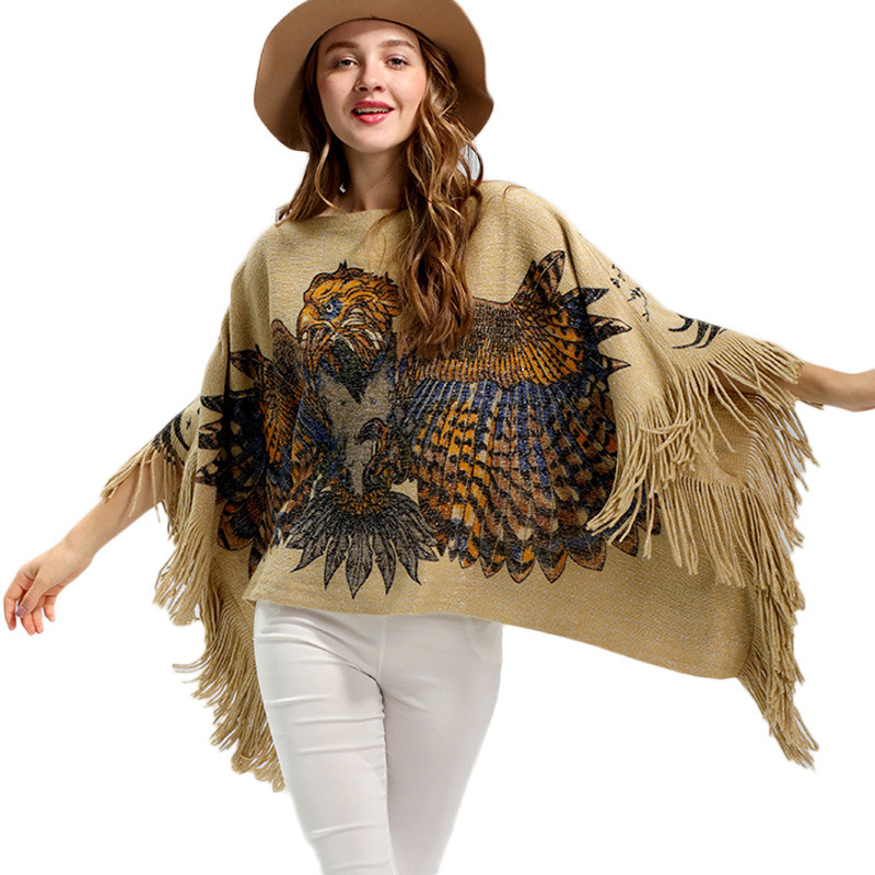 Womens Cardigan Wraps Winter Knitted Eagle Printing Shawls Sweater Poncho (SP619)
