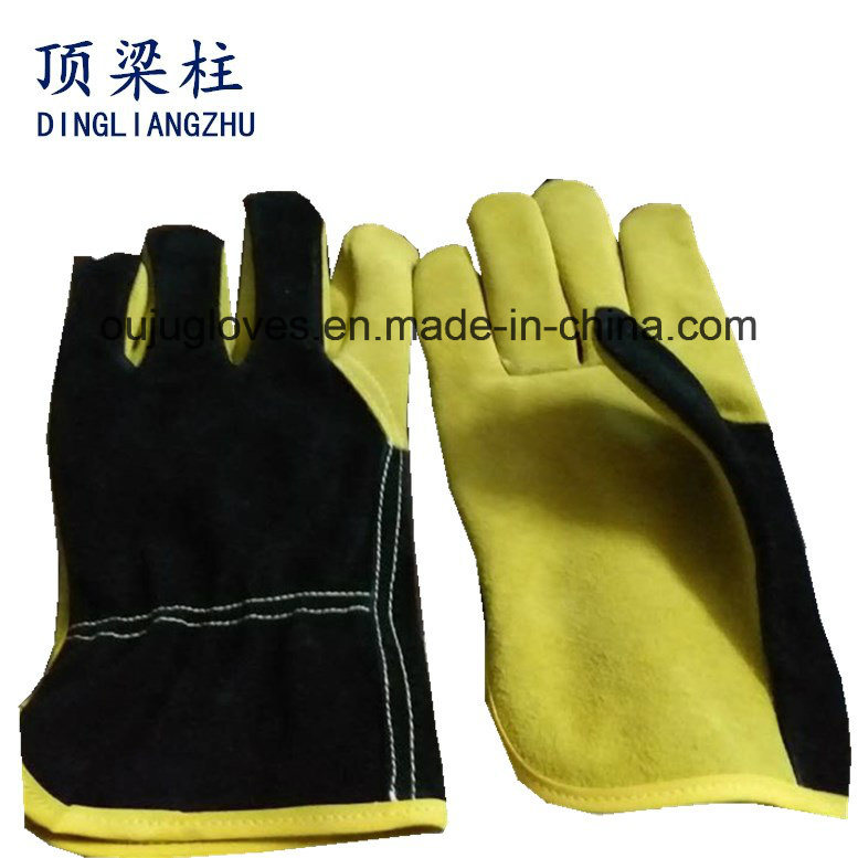 Yellow Color Safety Gloves, Cow Split Leather Work Glove, Leather Cotton Welding Gloves