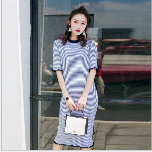 Spring Eyelet Lace-up Stringy Selvedge Sexy Sweater Long Sleeve Knitted Skirt Dress for Ladies