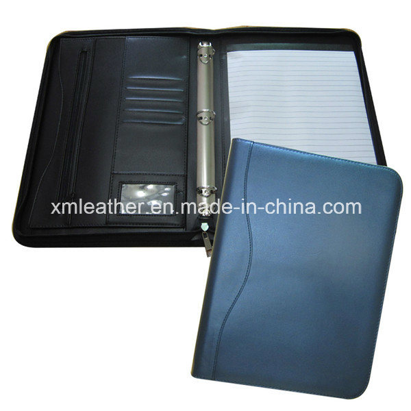 Black Zipper A4 Leather Ring Binder with Notepad