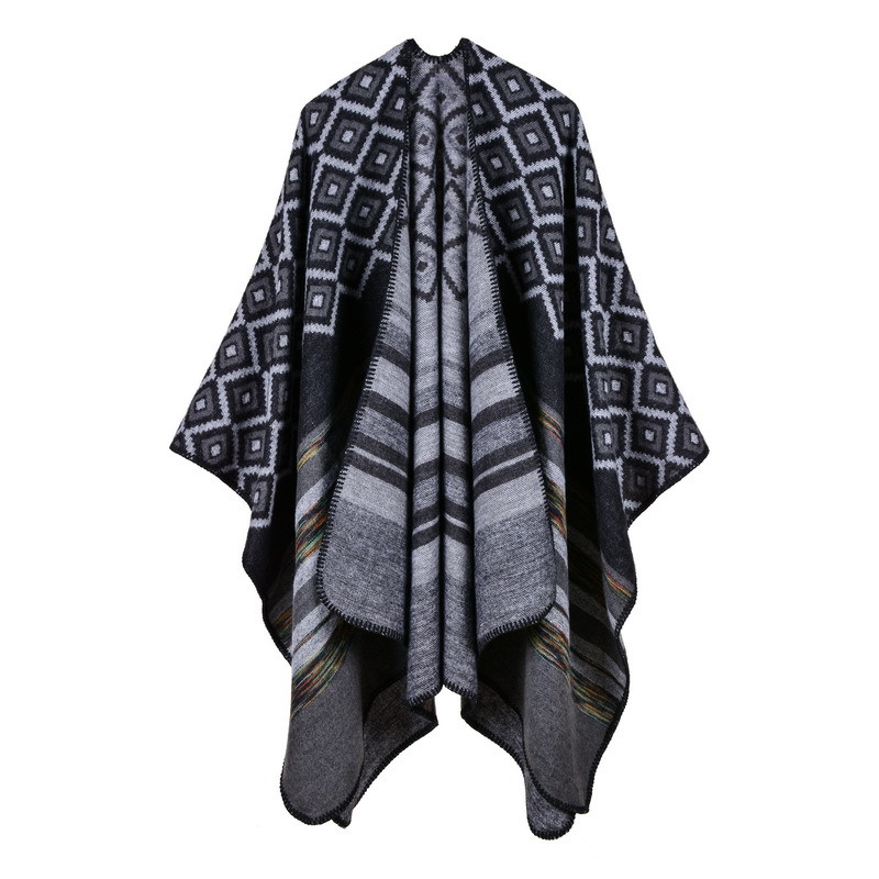 Women's Color Block Open Front Blanket Poncho Geometric Cashmere Cape Thick Warm Stole Throw Poncho Wrap Shawl (SP217)