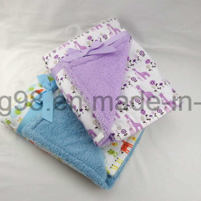 Animal Printed Design Cotton Flannel and Sherpa Baby Blanket