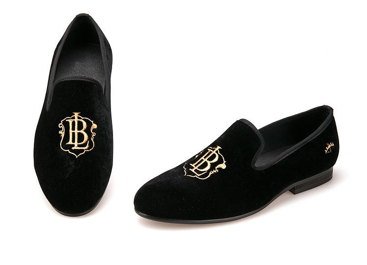 Embroidery Mens Velvet Loafers Casual Style Black Velvet Men Shoes