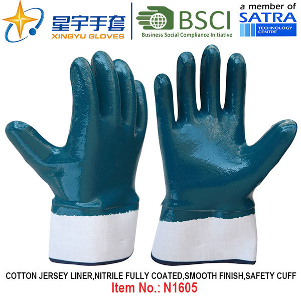 Cotton Jersey Shell Nitrile Coated Safety Work Gloves (N1605)