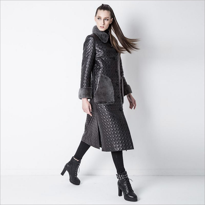Leather Mink Fur Collar Lady's Coat