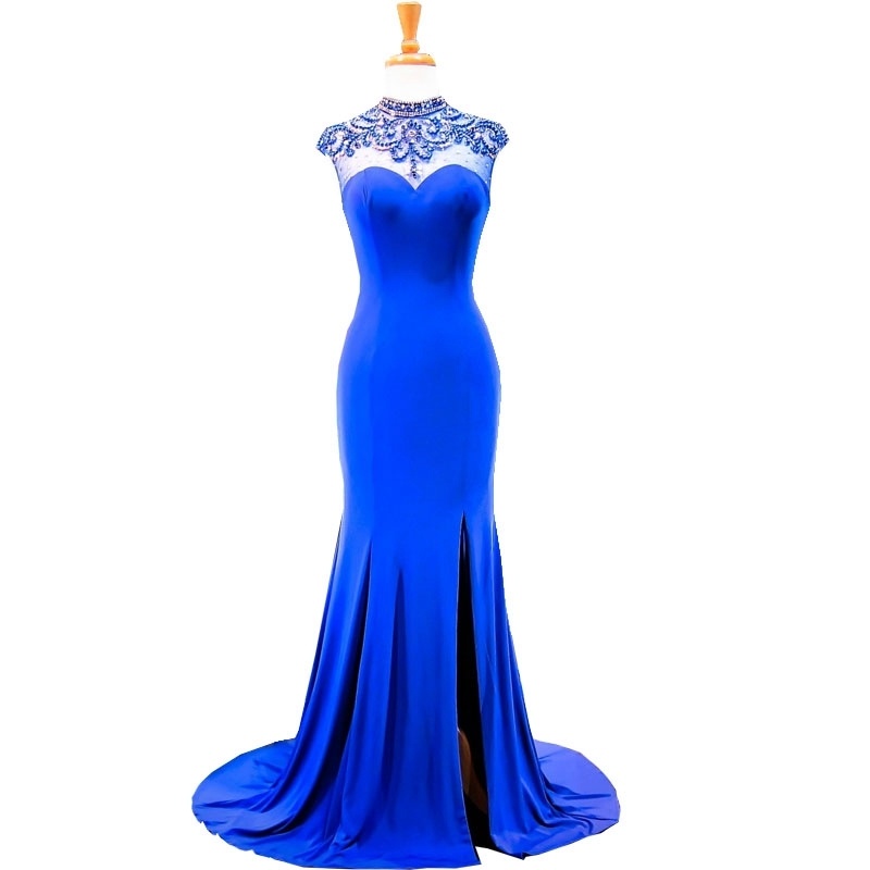 Royal Blue Beaded Wedding Formal Gowns Spandex Backless Evening Dress M71303