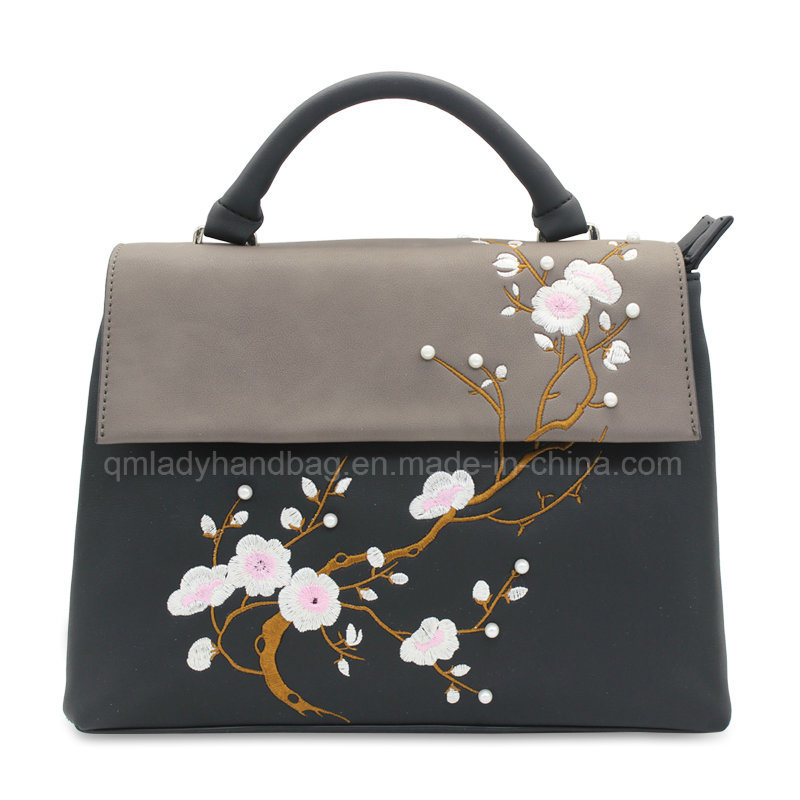 Flower Design Embroidery Contrast Color Lady Handbag