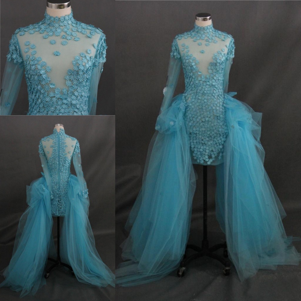 Hand Sewn Flowers Long Sleeve Blue Gown Prom Dress