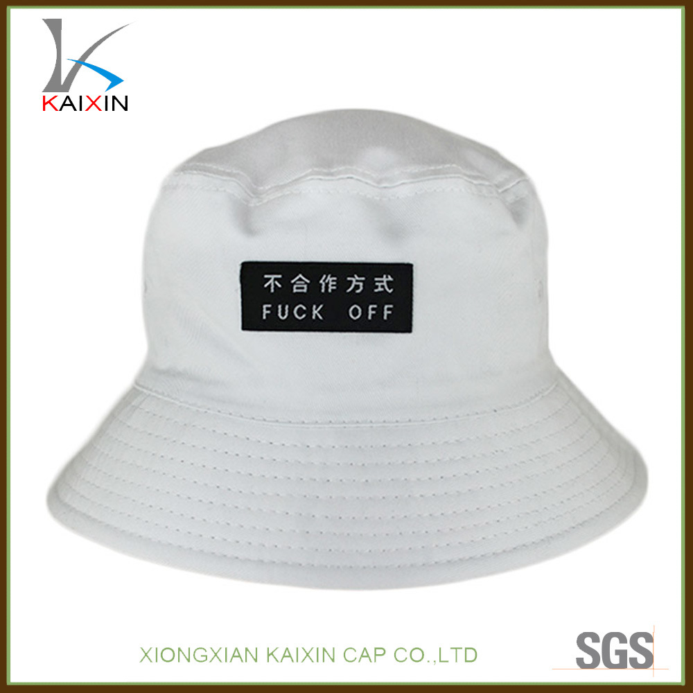 Custom Double Sides Woven Label Cotton White Bucket Hat