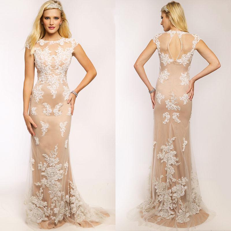 Champagne Lace Tulle Party Prom Gown Sheer-Neck Cocktail Evening Dresses E1600