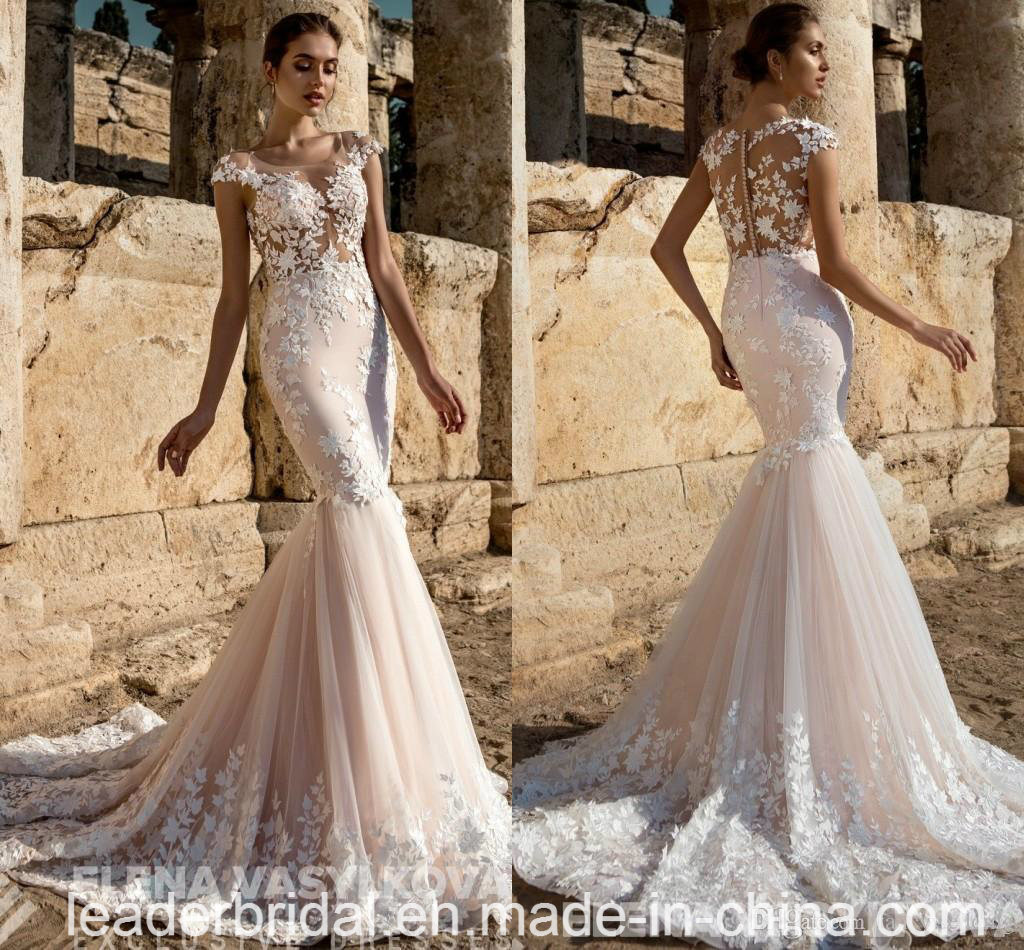 Lace Tulle Bridal Gowns Cap Sleeves Mermaid Wedding Dress 2018 Ya108