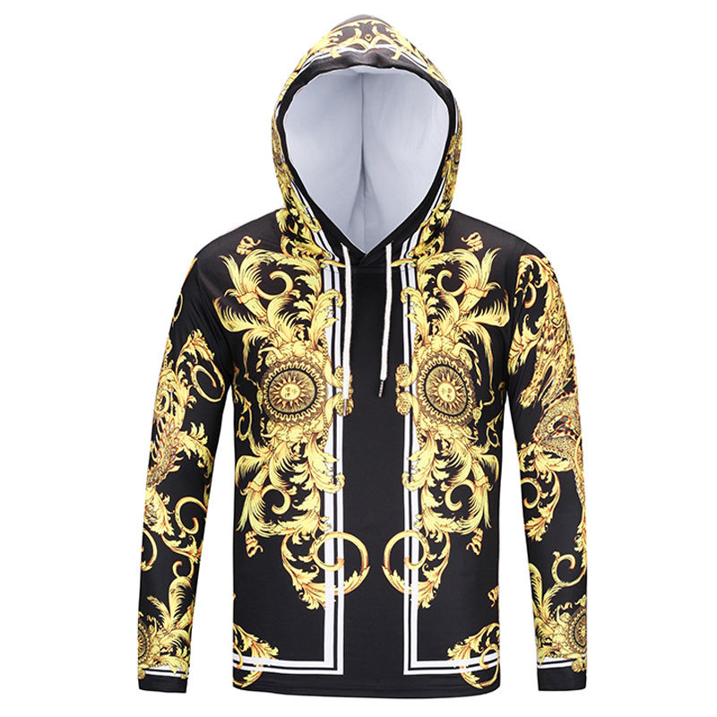 New Fashion T-Shirt for Men / Women Hooded Gold Floral Print Long Sleeve T-Shirt with Hat