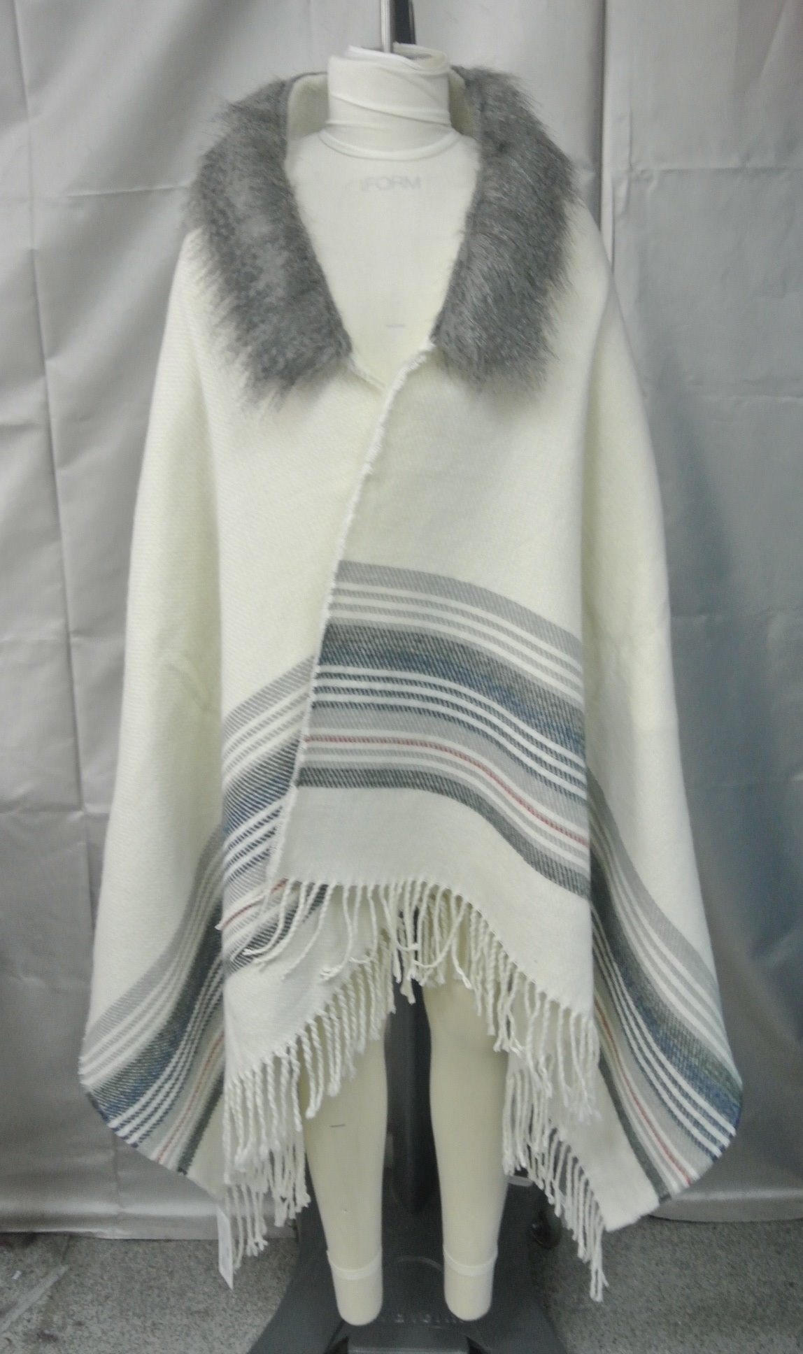 Striped Woven Blanket Scarf with Tipped Faux Fur Collar and Fringe