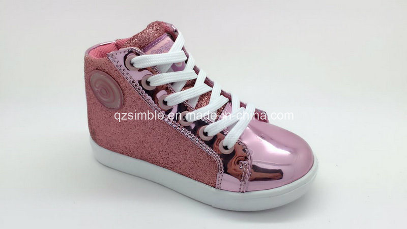Middle Cut Shiny PU Casual Shoes with Lace for Children
