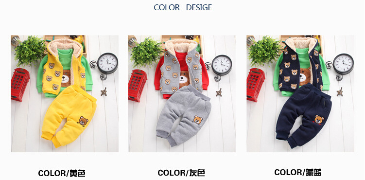 Ks1134 2015 Winter Good Quality 100% Cotton Fleece Children Suit 3PCS Set Clothes Children Hoodies Outwear+T Shirt+Pants Baby Leisure Suit