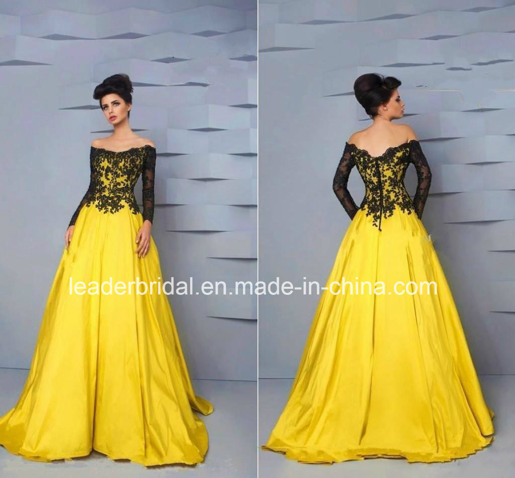Black Lace Formal Gowns off Shoulder Yellow Vestidos Evening Dresses Ra910