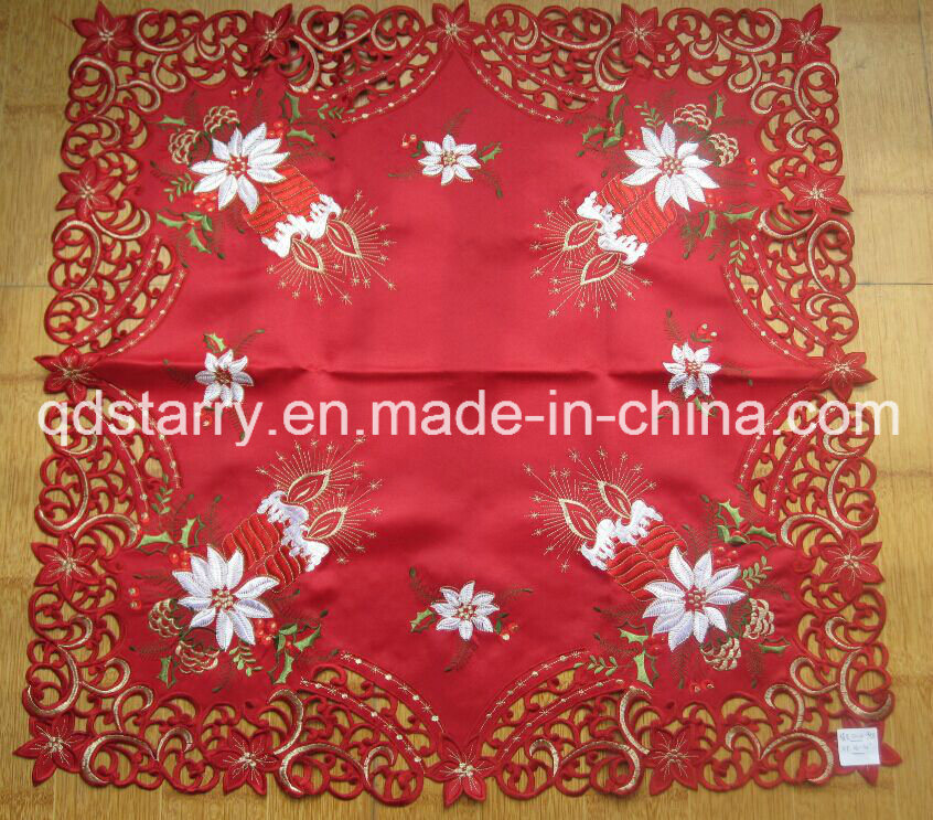 Xmas Candle Embroidery Red Color Table Cloth 938