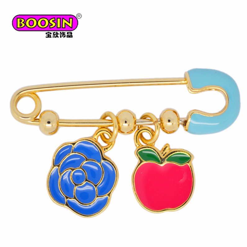 Cheap Price Enamel Flower & Apple Charm Safety Pin Brooch for Dress