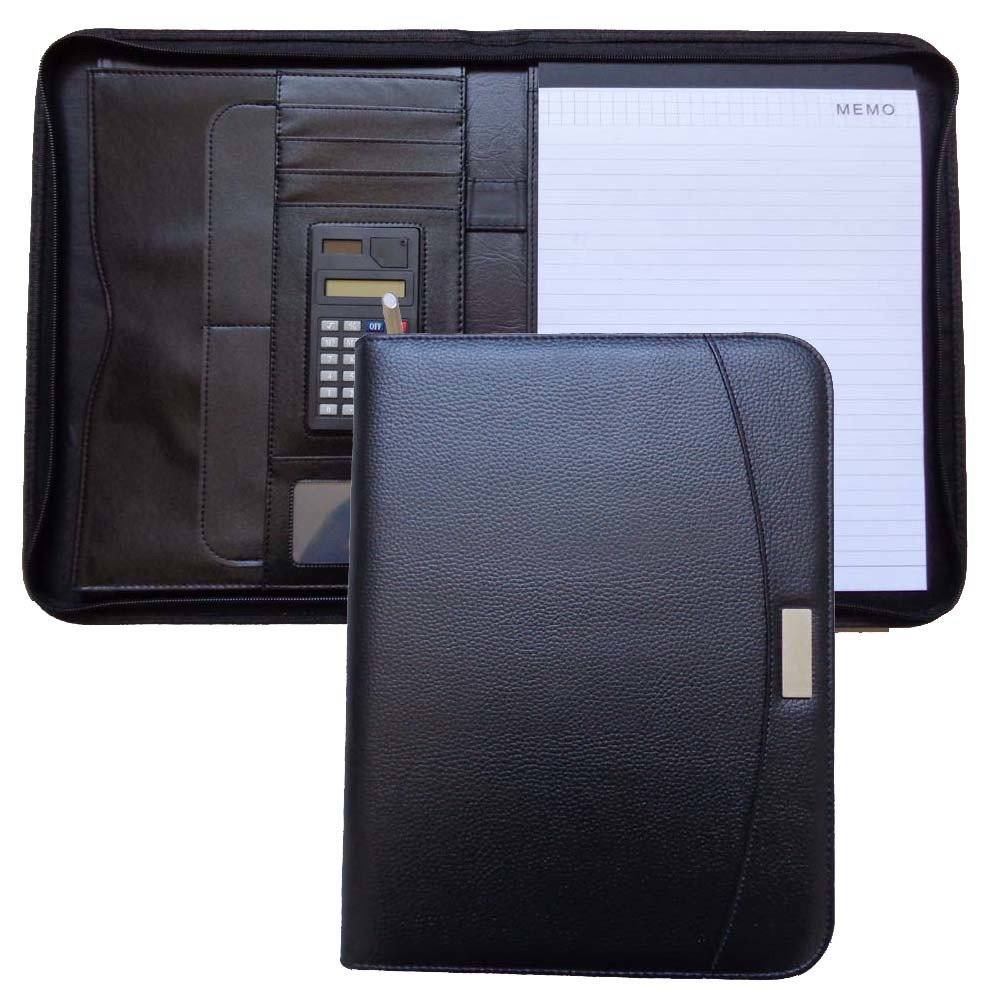 Business A4 Zipper PU Leather File Folder Padfolio with Plate