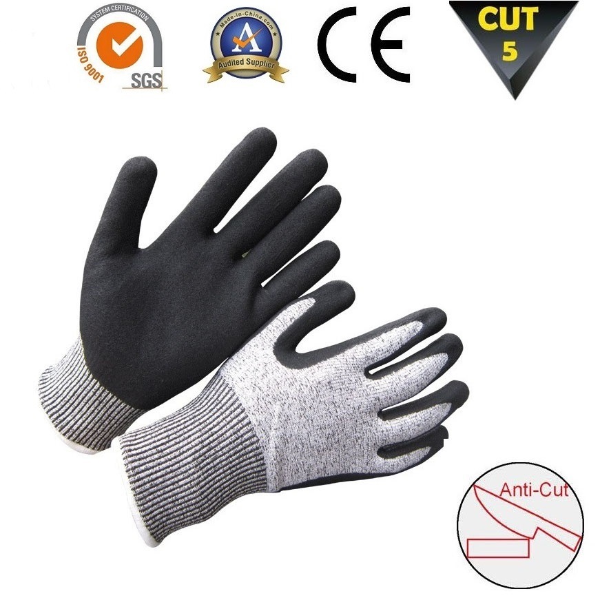 Sandy Nitrile Coating Hppe Gloves Cut Resistant Work Glove