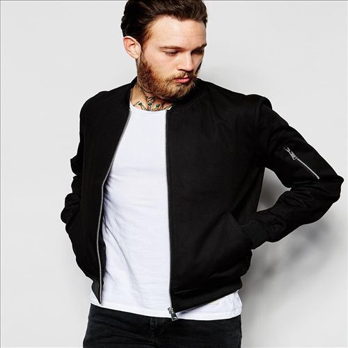 2016 Men's Bomber Jacket with Nylon Sleeve Pocket in Black