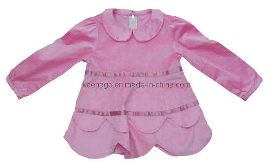 100% Cotton Lovely Pink Dress with Long Sleeve for Girls